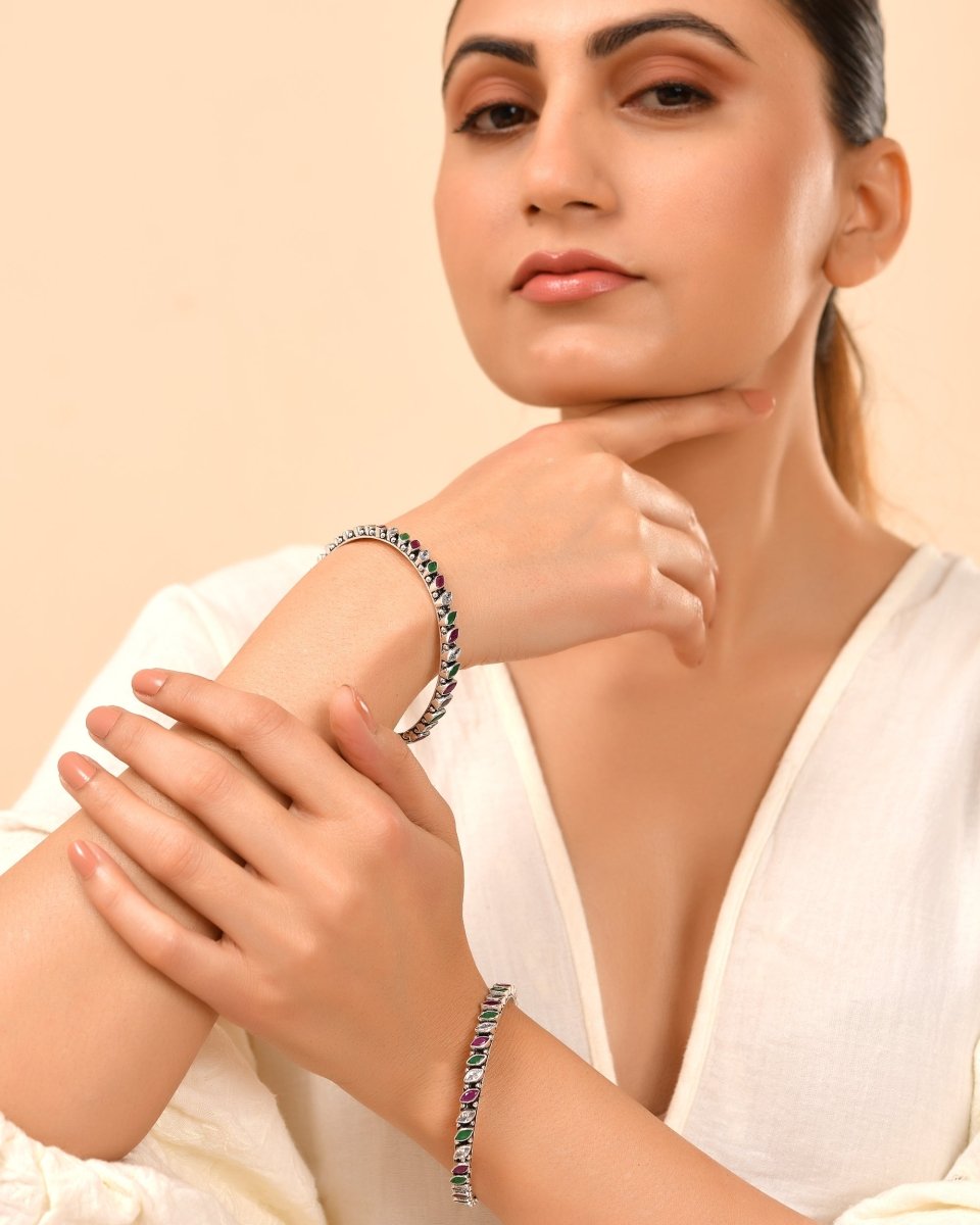 Kavya Marquise Stone Oxidized Bangle - Zirak Silver