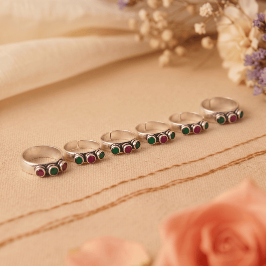 Kavya Pink & Green Toe Rings - Zirak Silver