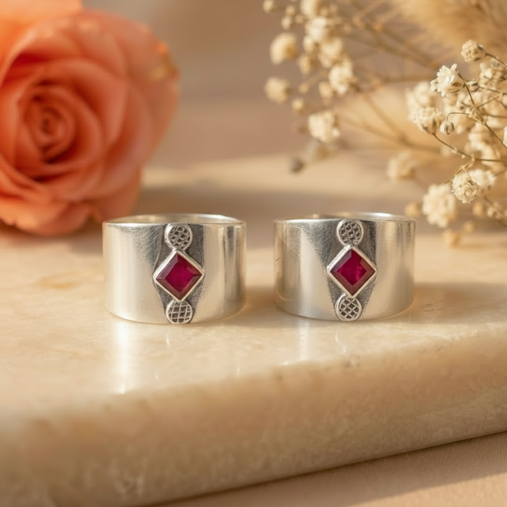 Kavya Red Stone Wide Toe Rings - Zirak Silver