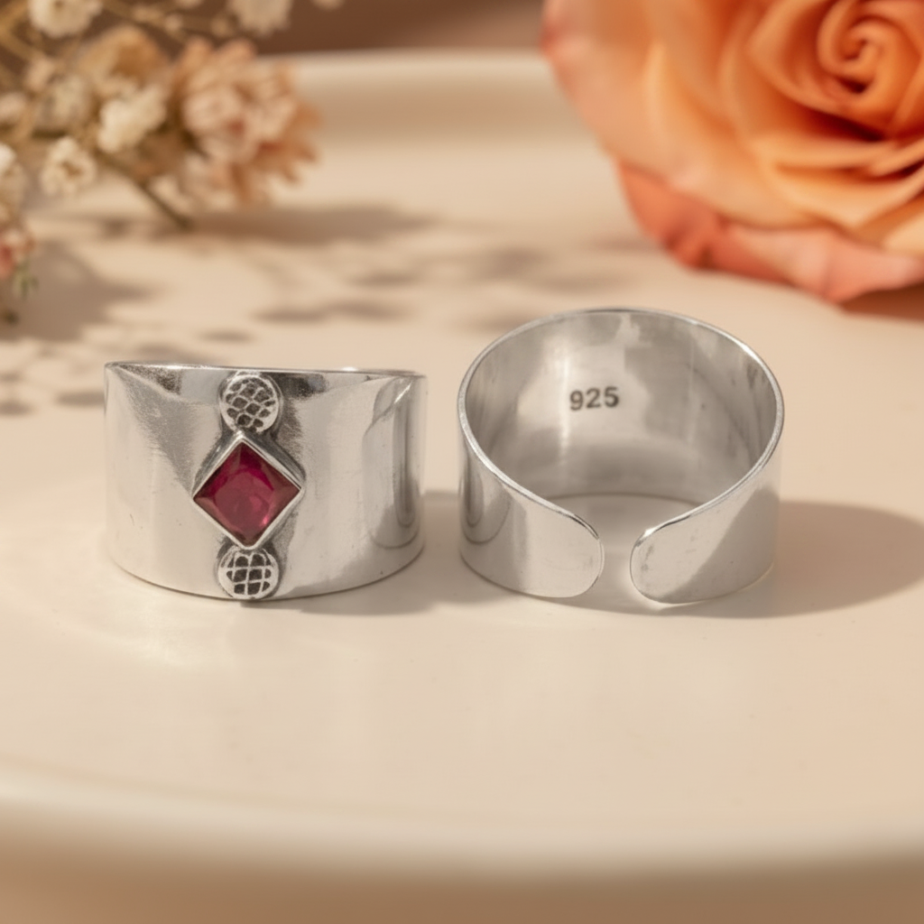 Kavya Red Stone Wide Toe Rings - Zirak Silver