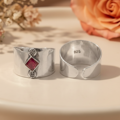 Kavya Red Stone Wide Toe Rings - Zirak Silver