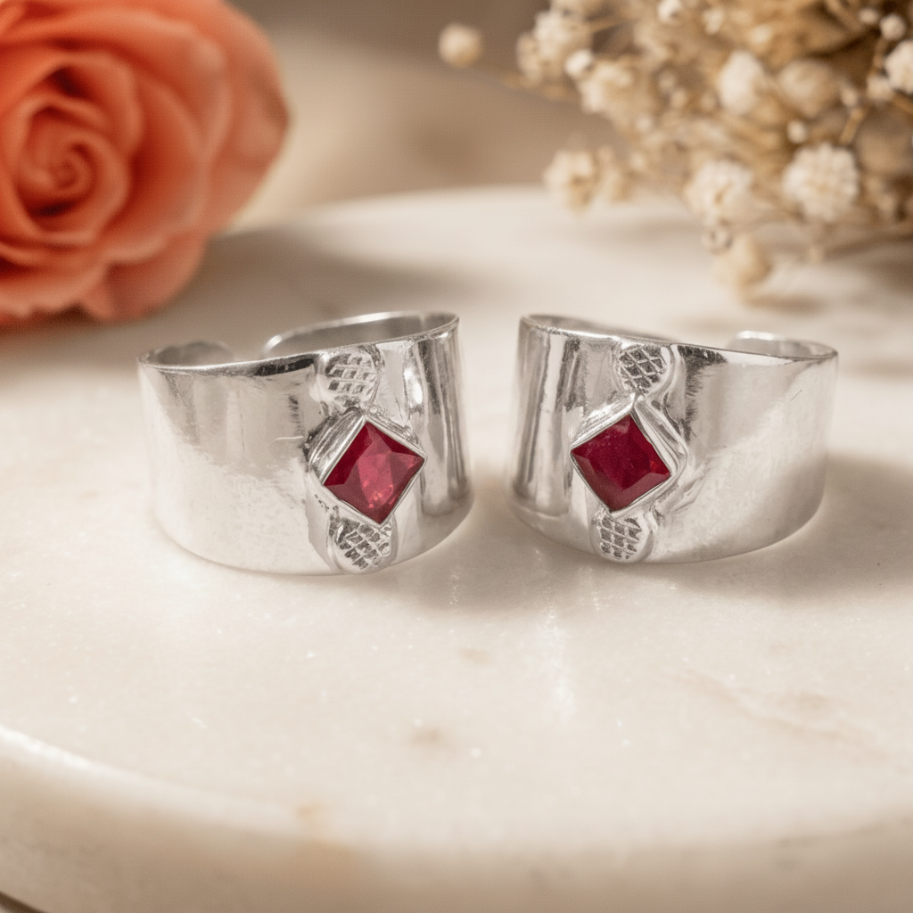Kavya Red Stone Wide Toe Rings - Zirak Silver