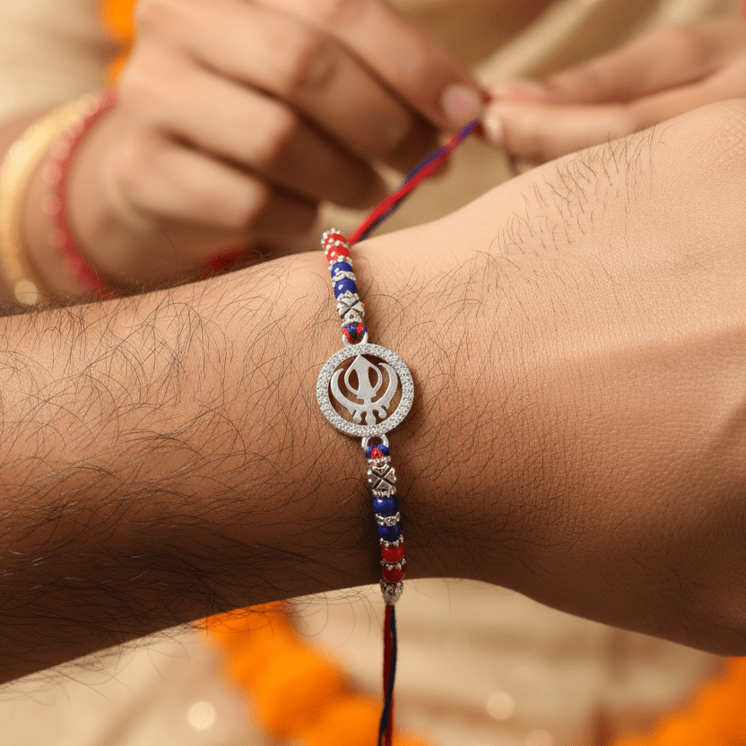 Khanda Symbol Rakhi with Red-Blue Beads | Sikh Religious Rakhi for Brother - Zirak Silver