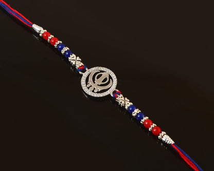 Khanda Symbol Rakhi with Red-Blue Beads | Sikh Religious Rakhi for Brother - Zirak Silver