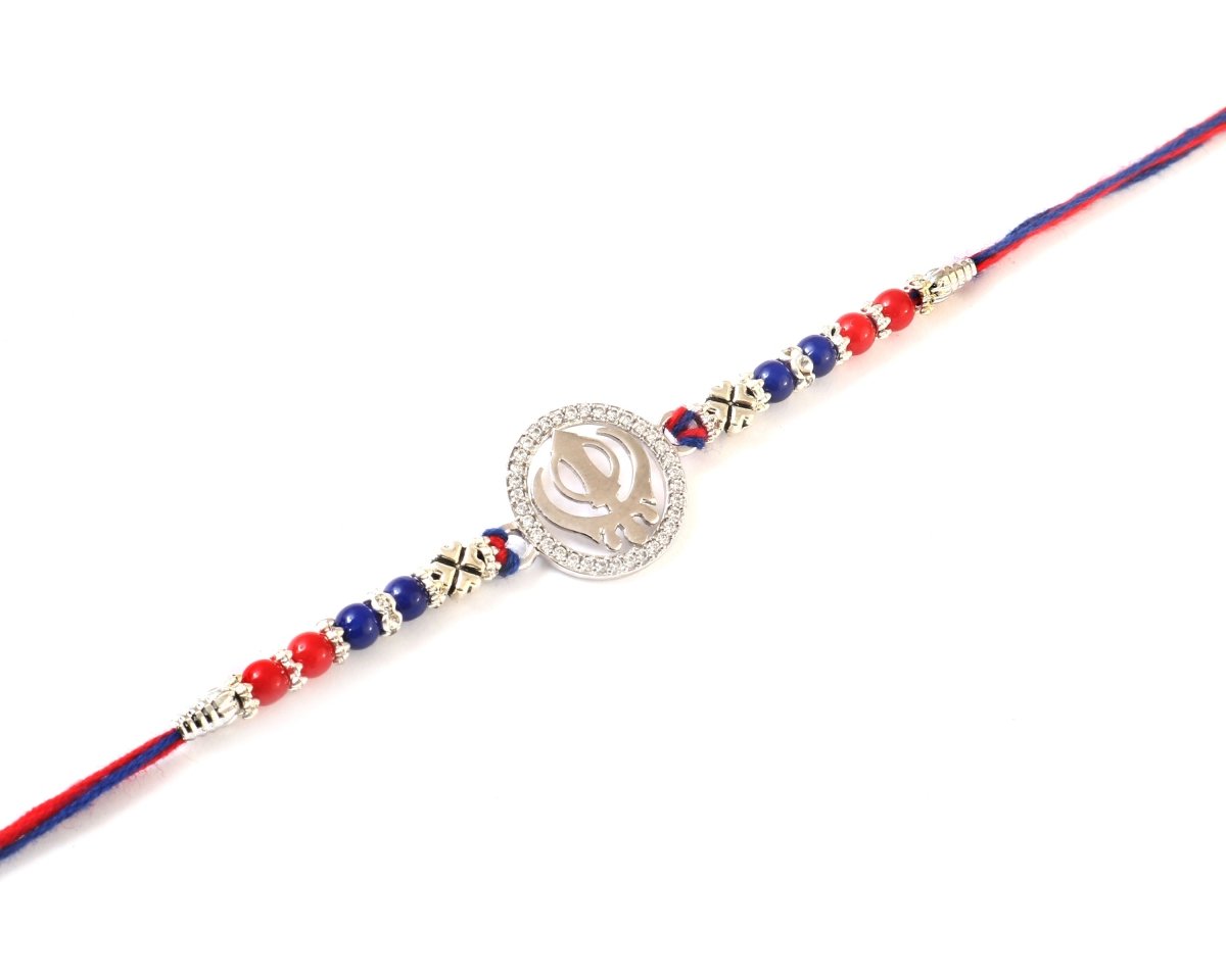 Khanda Symbol Rakhi with Red-Blue Beads | Sikh Religious Rakhi for Brother - Zirak Silver