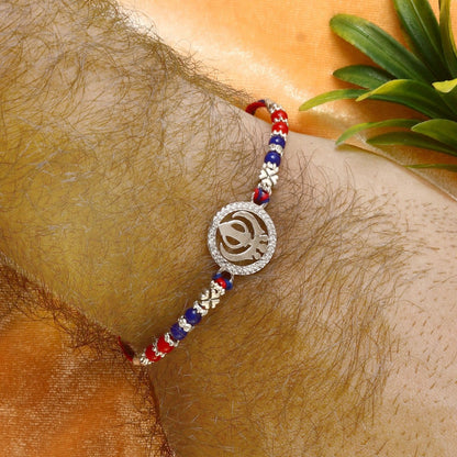 Khanda Symbol Rakhi with Red-Blue Beads | Sikh Religious Rakhi for Brother - Zirak Silver