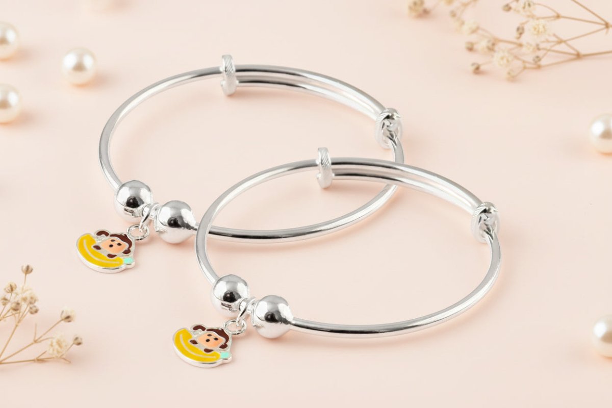 Kids Sterling Silver Adjustable Bracelet with Monkey Enamel Charm - Zirak Silver