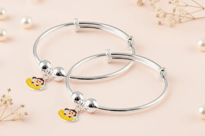 Kids Sterling Silver Adjustable Bracelet with Monkey Enamel Charm - Zirak Silver