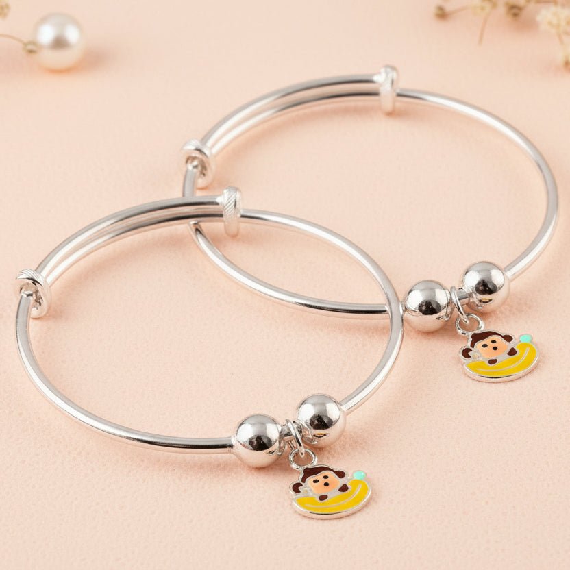Kids Sterling Silver Adjustable Bracelet with Monkey Enamel Charm - Zirak Silver