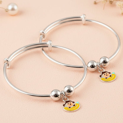 Kids Sterling Silver Adjustable Bracelet with Monkey Enamel Charm - Zirak Silver