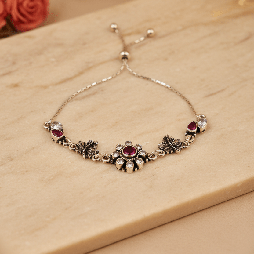 Kiran Floral Halo Slider Bracelet - Zirak Silver