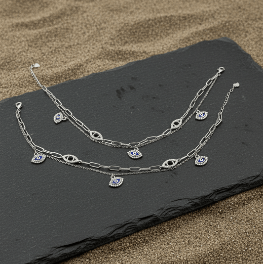 Layered Chain Anklet Pair with Blue Eye Charms - Zirak Silver
