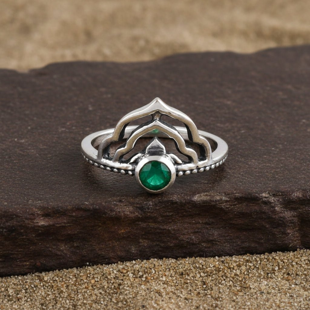 Layered Lotus Emerald Ring - Zirak Silver