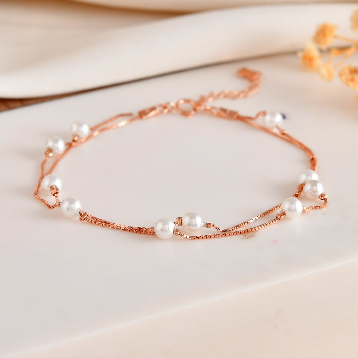 Layered Rose - Gold Pearl Station Bracelet | Double - Strand 925 Sterling Silver - Zirak Silver
