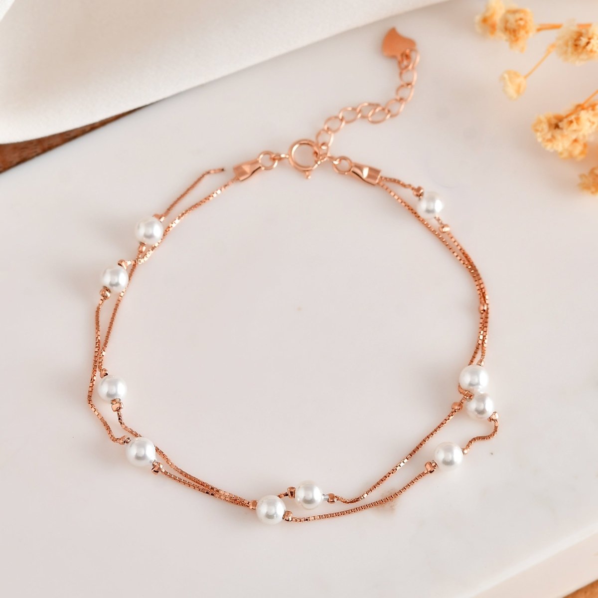 Layered Rose - Gold Pearl Station Bracelet | Double - Strand 925 Sterling Silver - Zirak Silver