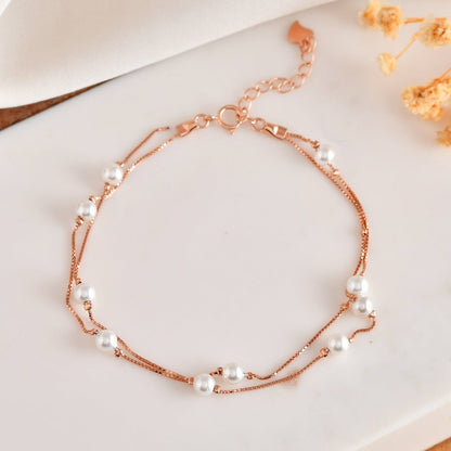 Layered Rose - Gold Pearl Station Bracelet | Double - Strand 925 Sterling Silver - Zirak Silver