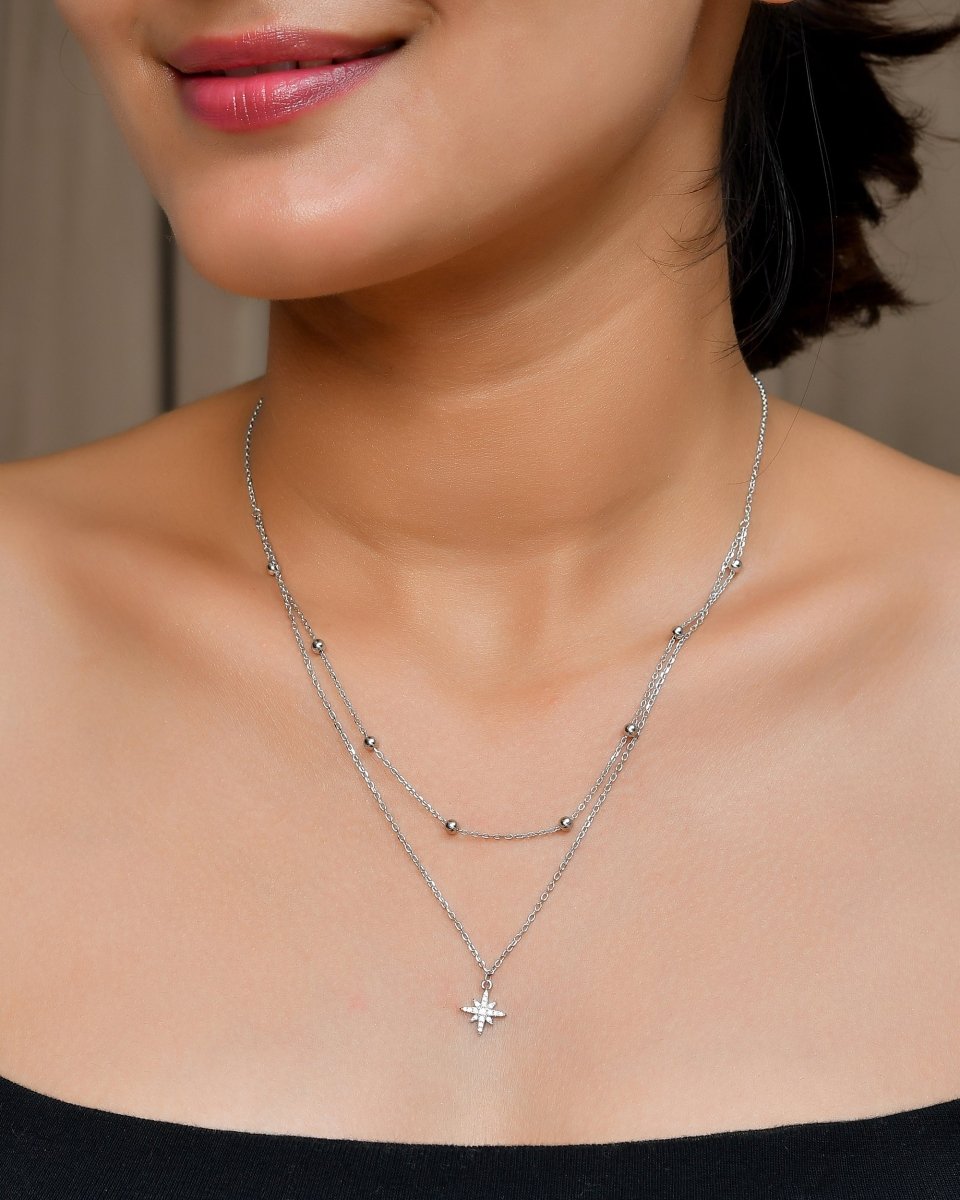Layered Sterling - Silver Starburst Necklace with Satellite Bead Chain - Zirak Silver