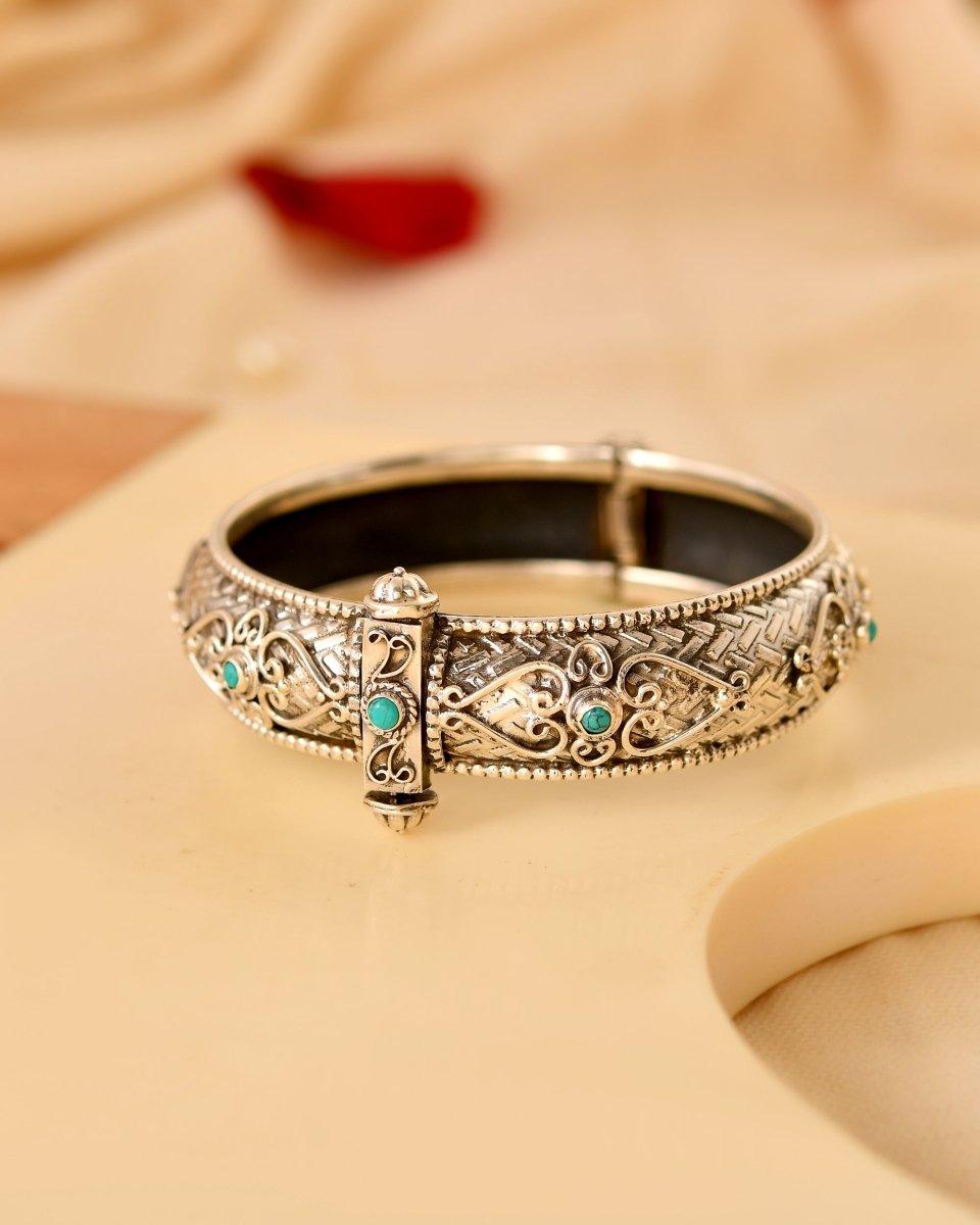 Leela Turquoise Antique Silver Kada - Zirak Silver