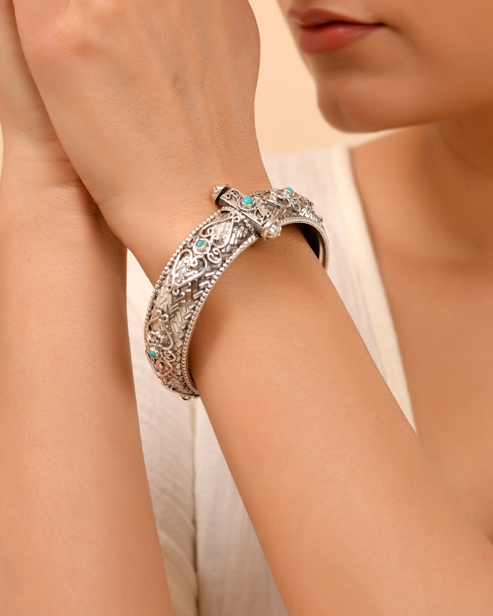 Leela Turquoise Antique Silver Kada - Zirak Silver