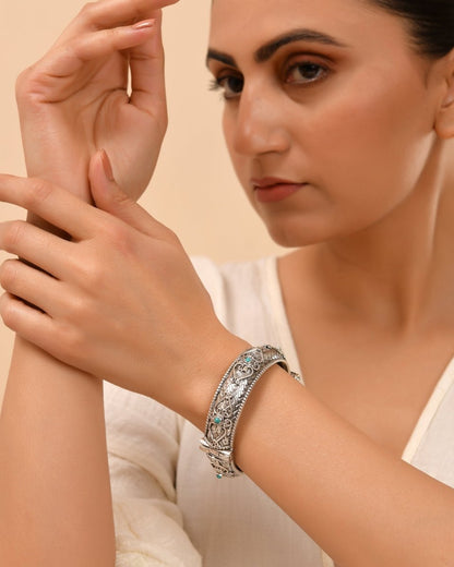 Leela Turquoise Antique Silver Kada - Zirak Silver