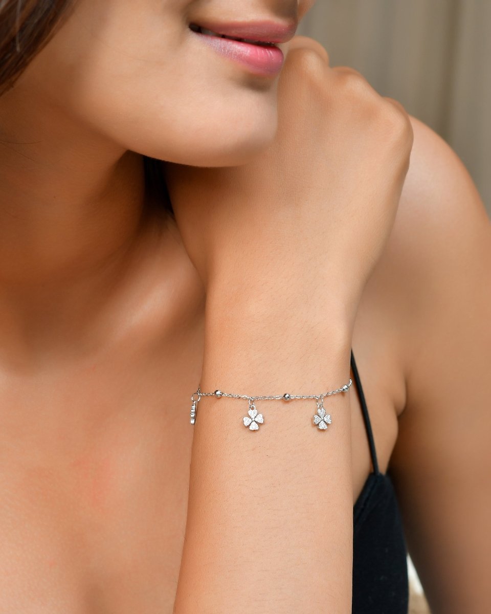 Lucky Clover Dangle Sterling - Silver Bracelet | CZ Pavé Charms & Bead Stations - Zirak Silver