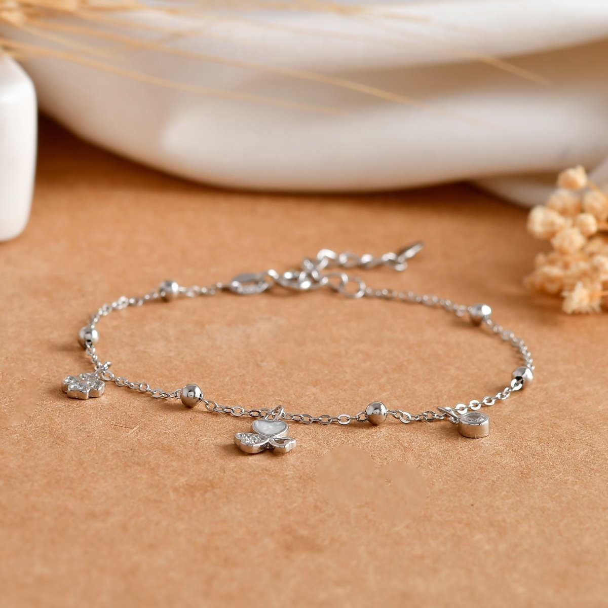 Lucky Hearts - & - Pearl Sterling - Silver Charm Bracelet | CZ Pavé, MOP Inlay & Bead Stations - Zirak Silver