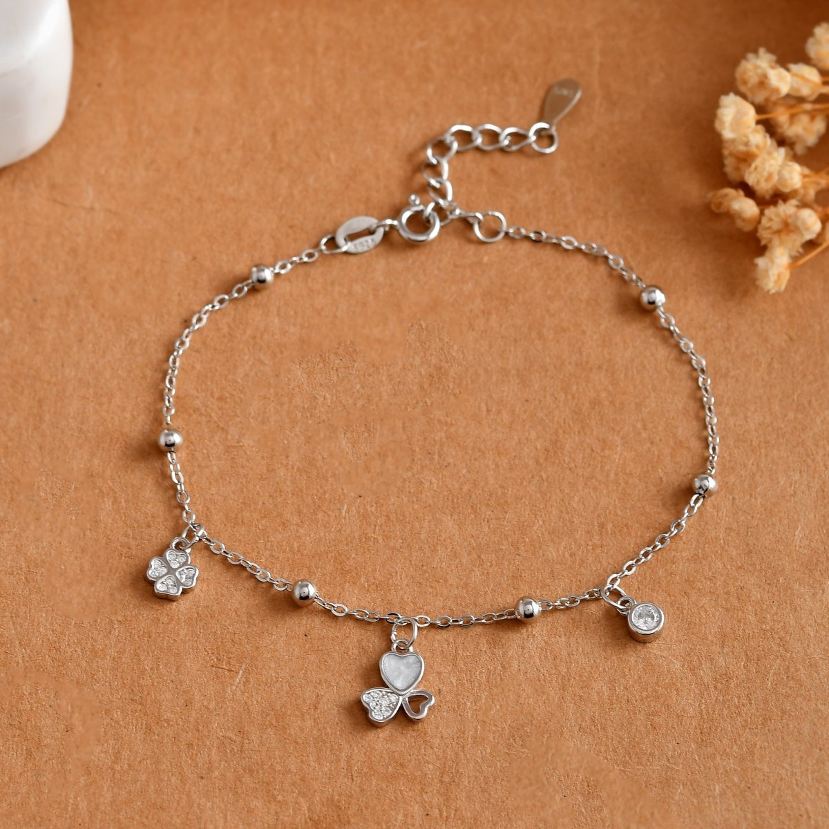 Lucky Hearts - & - Pearl Sterling - Silver Charm Bracelet | CZ Pavé, MOP Inlay & Bead Stations - Zirak Silver