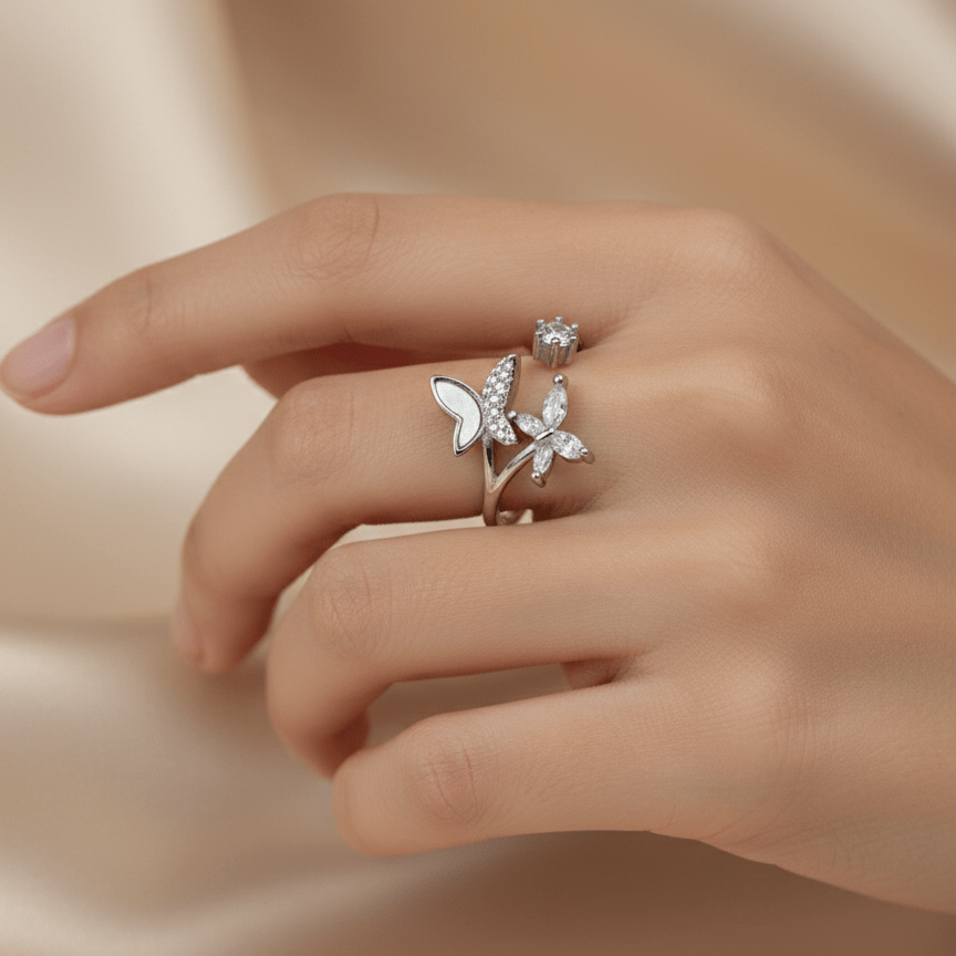 Luna Bloom Butterfly Open Silver Ring - Zirak Silver