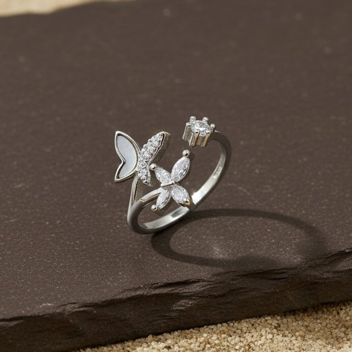 Luna Bloom Butterfly Open Silver Ring - Zirak Silver