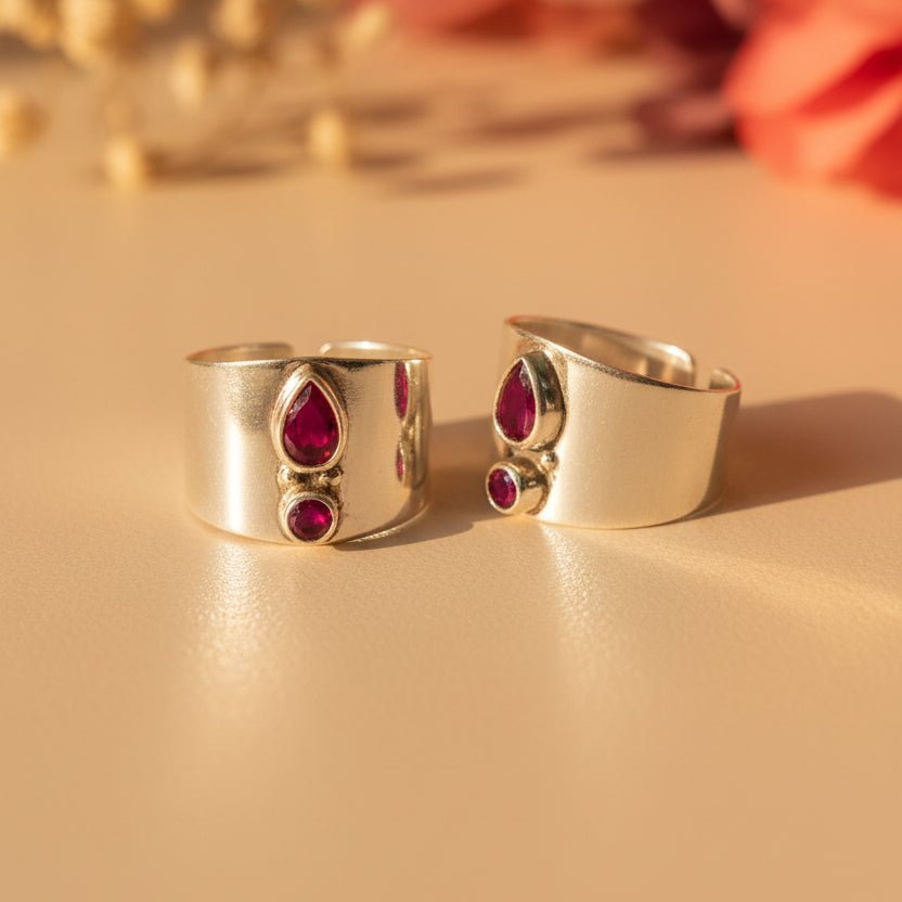 Maya Maroon Teardrop Wide Toe Rings - Zirak Silver