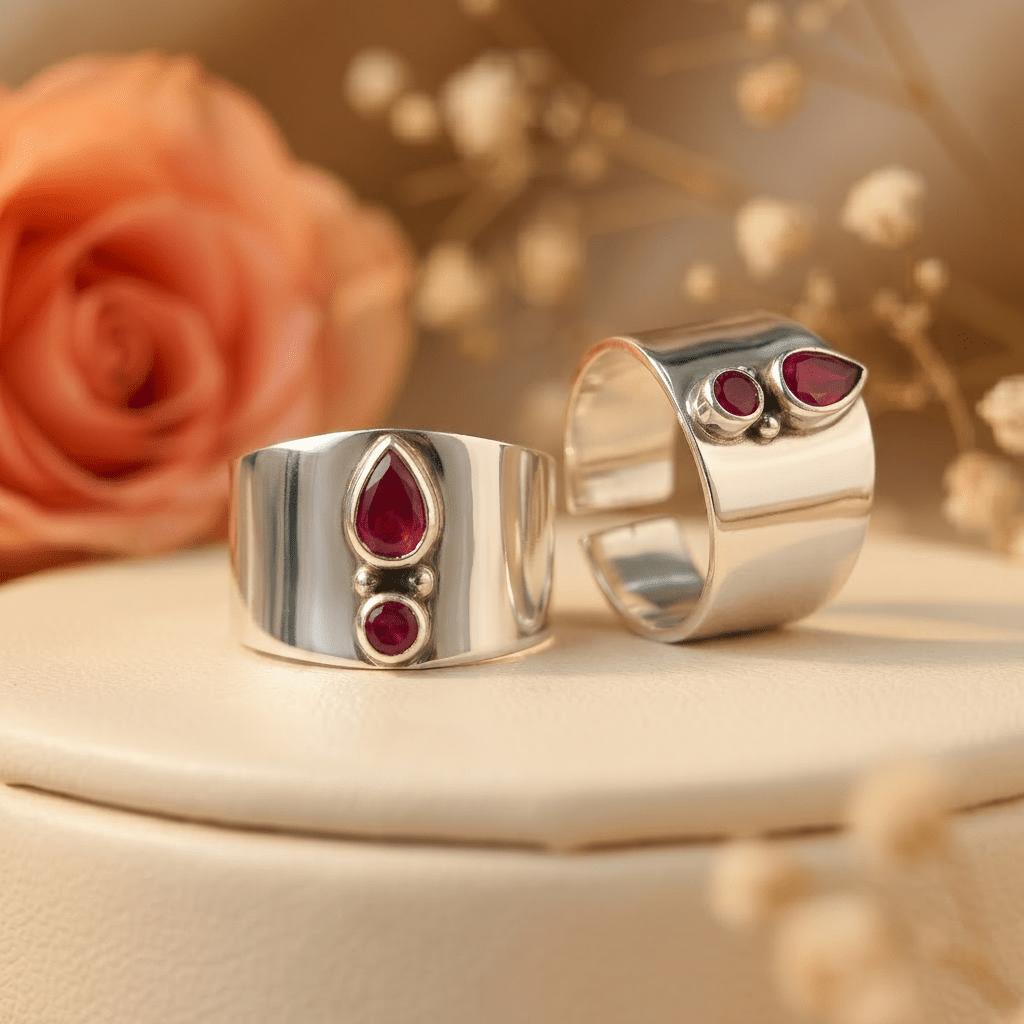 Maya Maroon Teardrop Wide Toe Rings - Zirak Silver