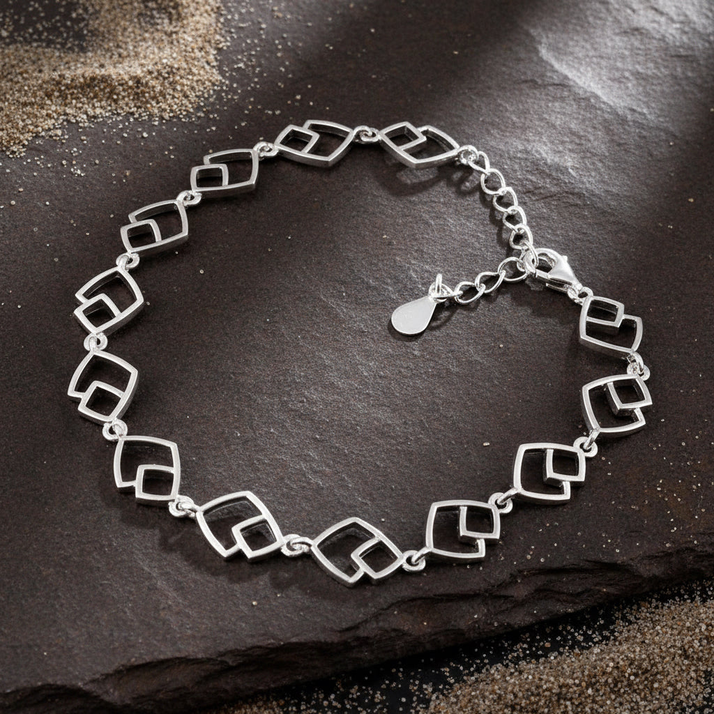 Mina Bracelet – 925 Silver Matte and Glossy Square Link Bracelet - Zirak Silver