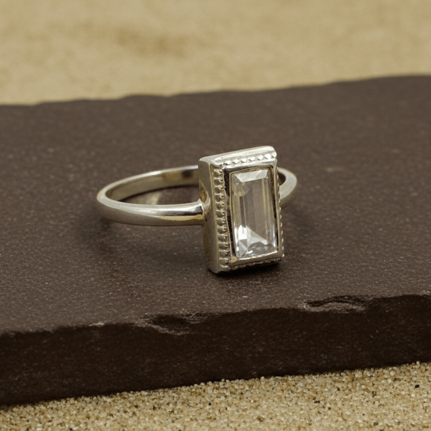Minimalist Baguette Crystal Silver Ring - Zirak Silver