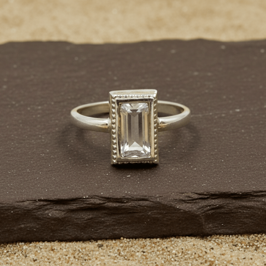 Minimalist Baguette Crystal Silver Ring - Zirak Silver