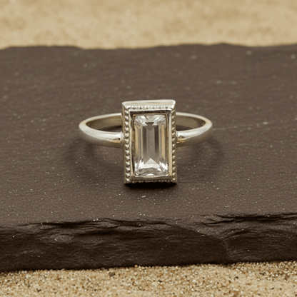 Minimalist Baguette Crystal Silver Ring - Zirak Silver