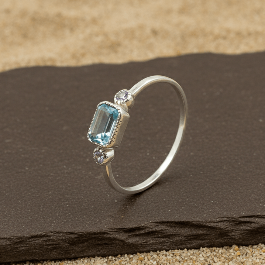 Minimalist Blue Baguette Silver Ring - Zirak Silver