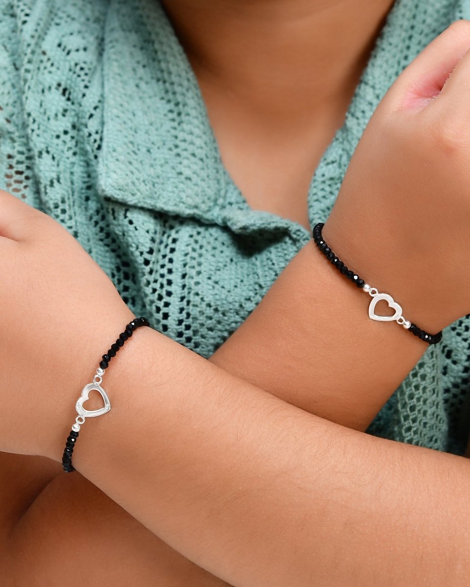 Mom - & - Mini Open - Heart Nazariya Bracelet Set | Sterling Silver & Faceted Black Onyx Beads - Zirak Silver
