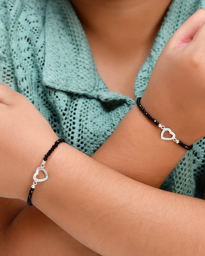 Mom - & - Mini Open - Heart Nazariya Bracelet Set | Sterling Silver & Faceted Black Onyx Beads - Zirak Silver