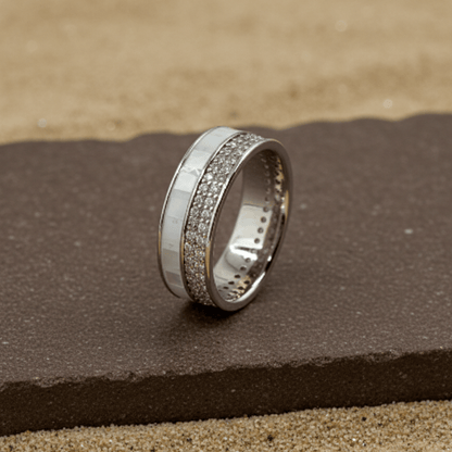Mother of Pearl Silver Band Ring with Triple Zircon Rows - Zirak Silver