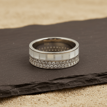Mother of Pearl Silver Band Ring with Triple Zircon Rows - Zirak Silver
