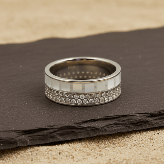 Mother of Pearl Silver Band Ring with Triple Zircon Rows - Zirak Silver