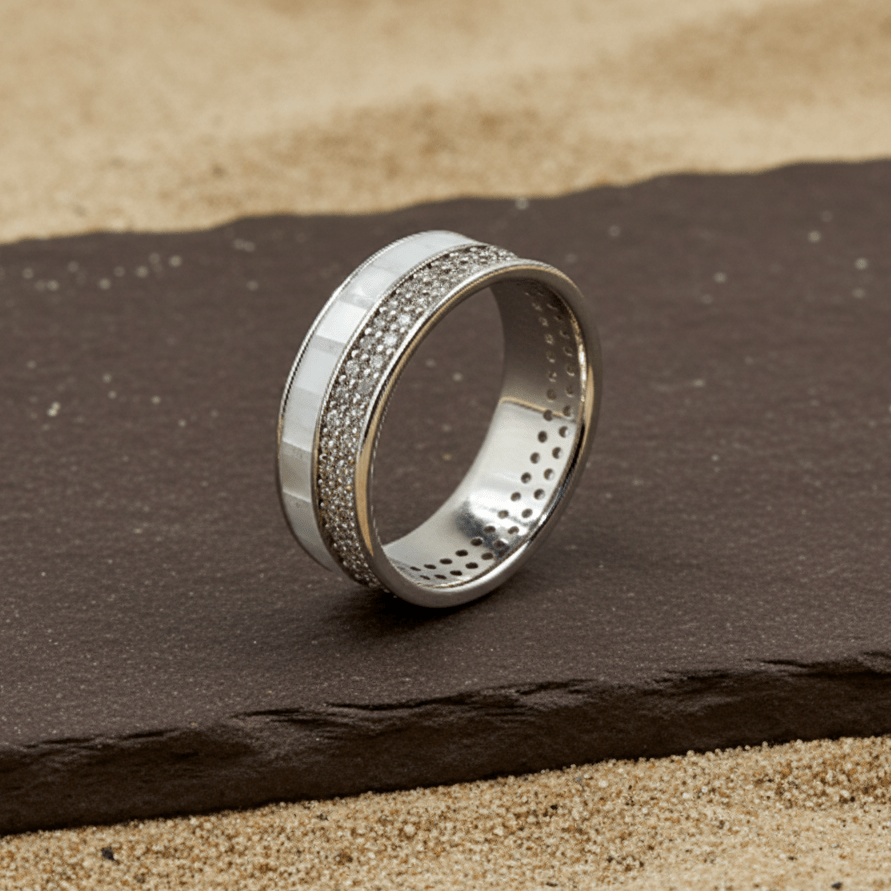 Mother of Pearl Silver Band Ring with Triple Zircon Rows - Zirak Silver