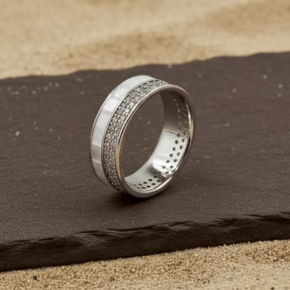 Mother of Pearl Silver Band Ring with Triple Zircon Rows - Zirak Silver