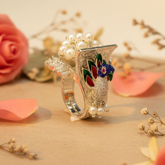 Moti Filigree Peacock Ring - Zirak Silver
