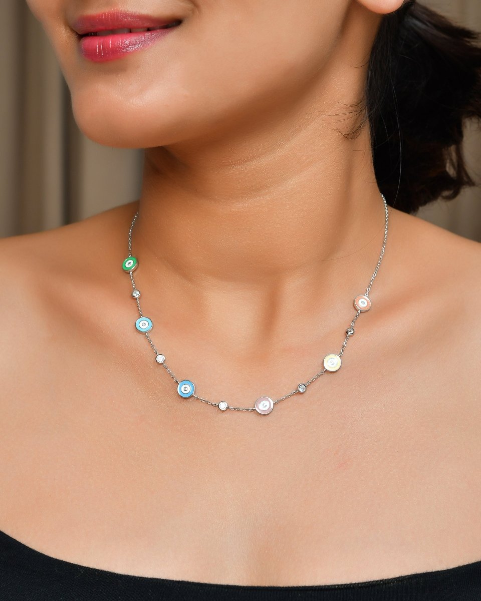 Multicolor Evil - Eye Station Necklace in 925 Sterling Silver with CZ Accents - Zirak Silver