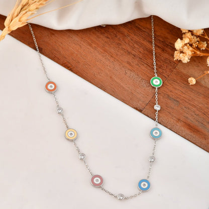 Multicolor Evil - Eye Station Necklace in 925 Sterling Silver with CZ Accents - Zirak Silver