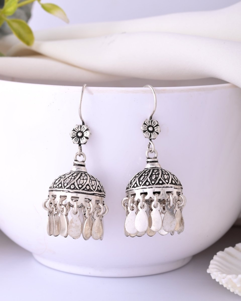 Naaz Jhumkas – Floral Top 925 Silver Dome Earrings with Dangling Petals - Zirak Silver