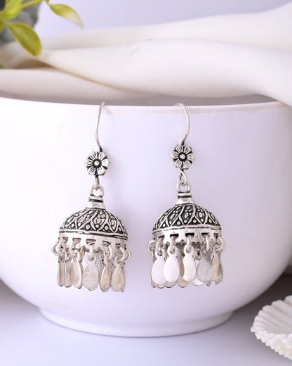 Naaz Jhumkas – Floral Top 925 Silver Dome Earrings with Dangling Petals - Zirak Silver