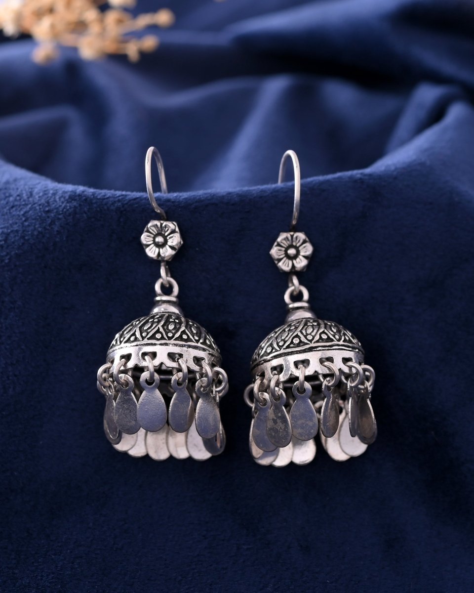 Naaz Jhumkas – Floral Top 925 Silver Dome Earrings with Dangling Petals - Zirak Silver