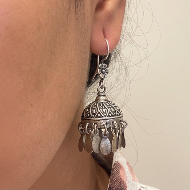 Naaz Jhumkas – Floral Top 925 Silver Dome Earrings with Dangling Petals - Zirak Silver